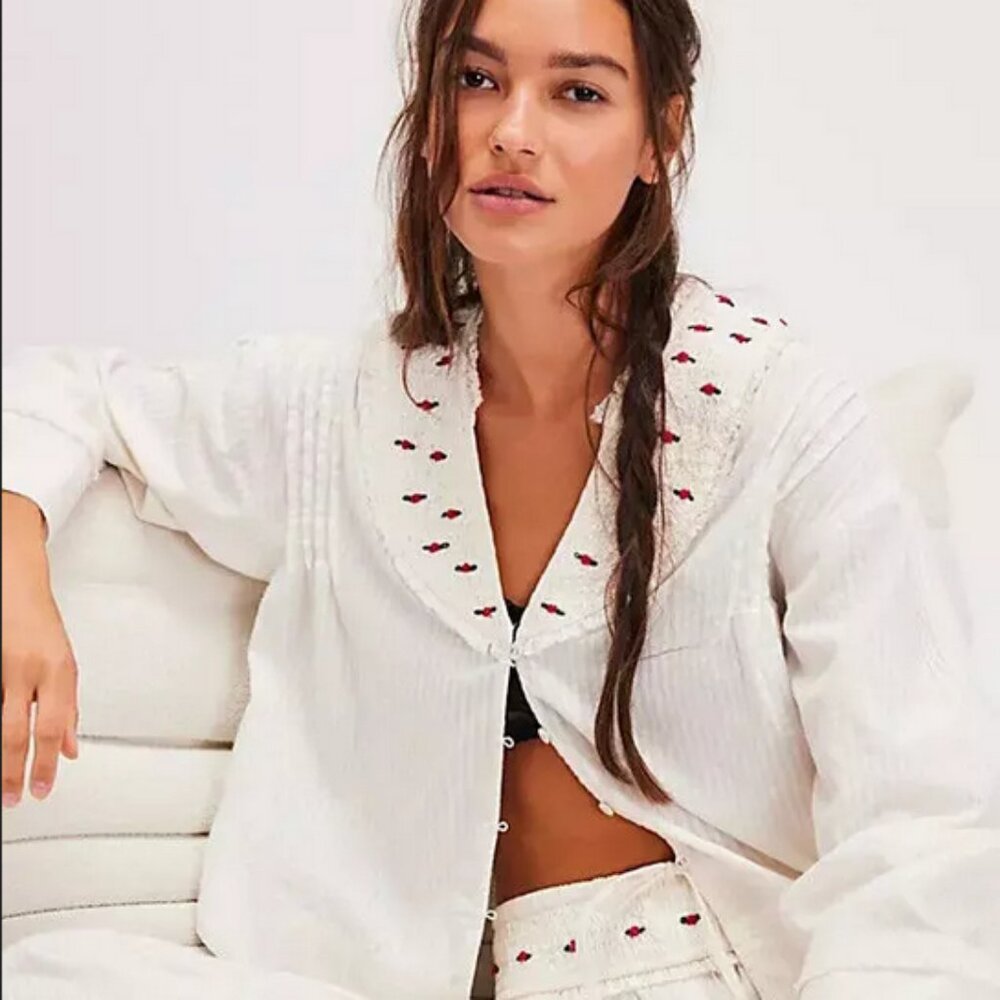 Free People Sweet As Roses Lounge Floral Embroidered White Blouse Top M